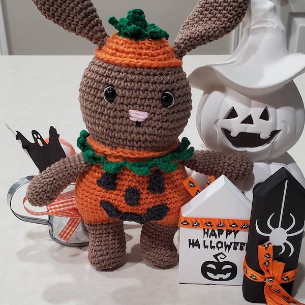 Handmade crocheted Amigurumi. Jack'o the Bunny-Pumpkin is made to order. Halloween Toy. Stuffed Animal. Ships for free. Crochet Service.