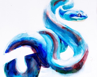 Blue Snake Watercolor Painting, Reptile Wall Art Print