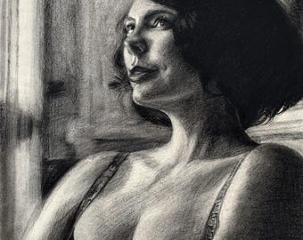 Dibujo contemporáneo original, retrato de mujer al carboncillo, obra de arte mural