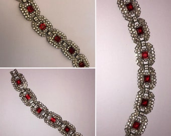 Silver Paste 1920 Vintage Wedding Flapper 1930s Art Deco Red Filigree Pave Wide Link Bridal Antique 1920s Ruby Red Rhinestone Bracelet