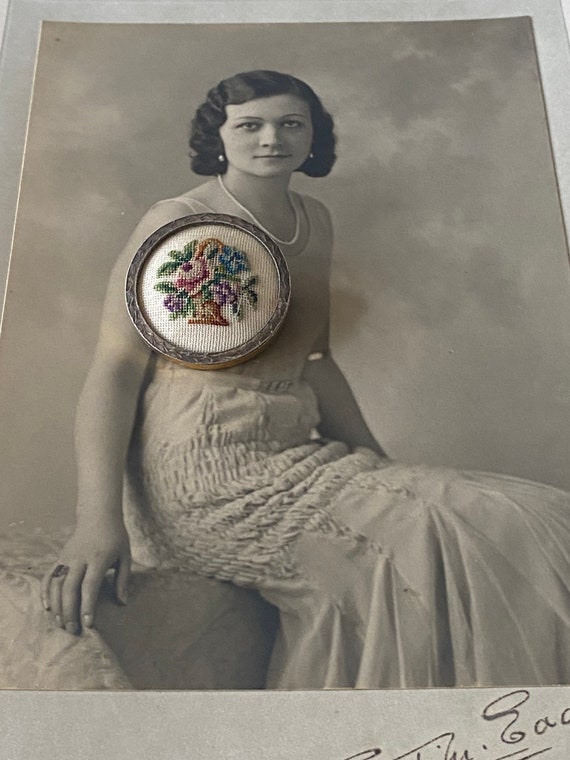 Embroidered Brooch, Framed Victorian Petit Point … - image 3