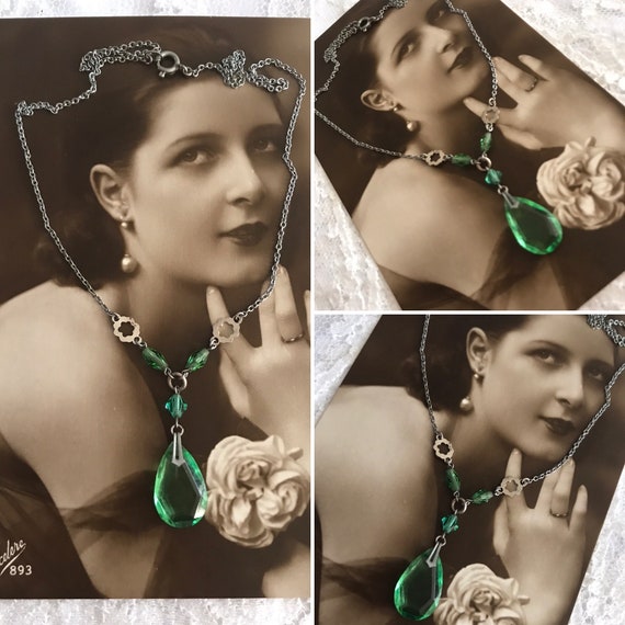 Emerald Necklace, Geometric Paste Necklace, Art De
