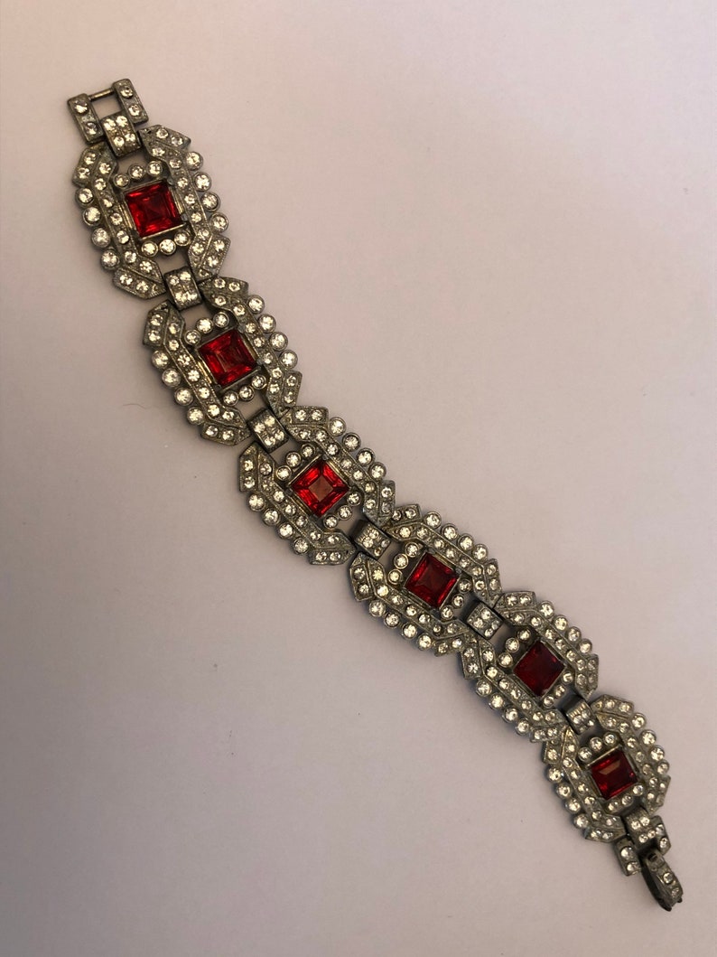 Silver Paste 1920 Vintage Wedding Flapper 1930s Art Deco Red Filigree Pave Wide Link Bridal Antique 1920s Ruby Red Rhinestone Bracelet