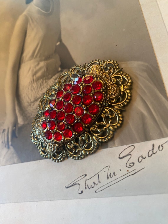 Large Edwardian brooch, Czech ruby red filigree b… - image 3