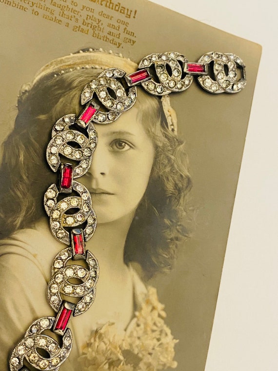 Antique 1920s Ruby Red Rhinestone Bracelet, Art D… - image 4
