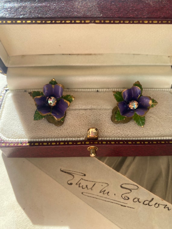 Suffragette, Edwardian Earrings, Violets, Gold, S… - image 1