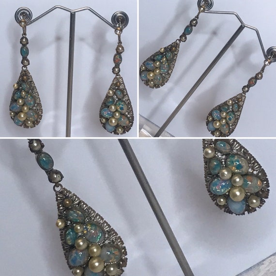 Art Deco Earrings, Faux Opal Earrings, Filigree Ea