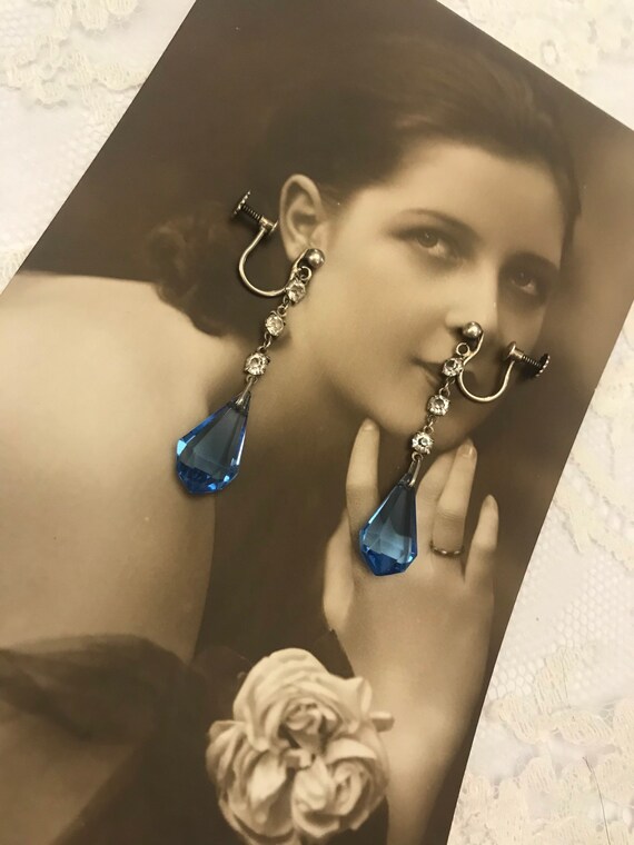 Art Deco Drop Earrings, Sapphire Earrings, Swarovs