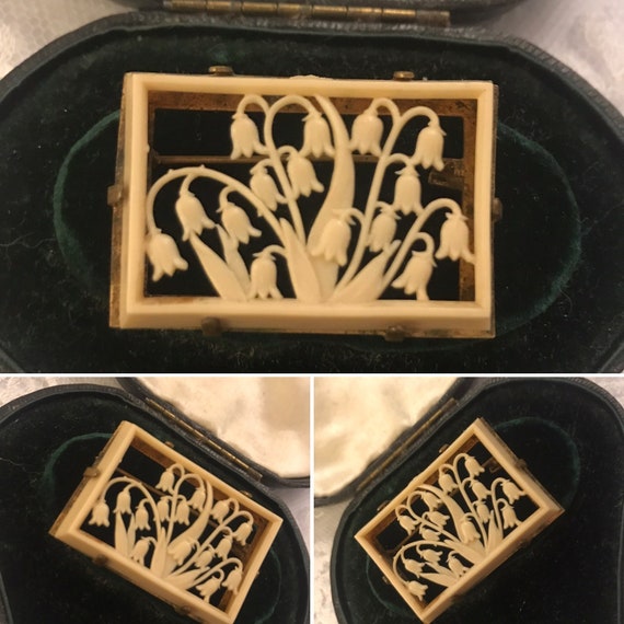 Celluloid brooch, Carved Celluloid, Early Plastic