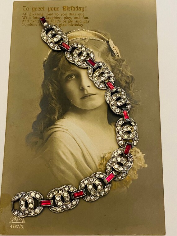 Antique 1920s Ruby Red Rhinestone Bracelet, Art D… - image 2