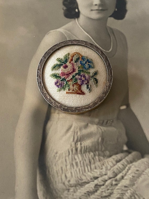 Embroidered Brooch, Framed Victorian Petit Point … - image 1