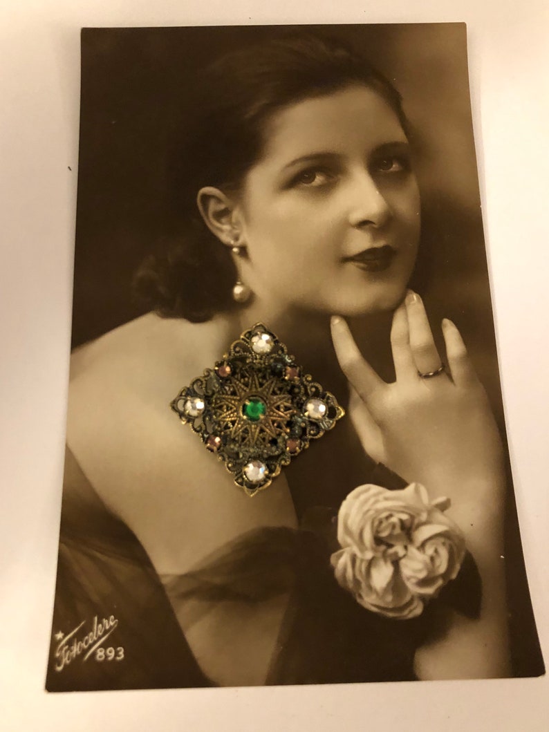 Paste Brooch Edwardian Rhinestone brooch Antique Edwardian Brooch Suffragette Movement Emerald Czech Filigree Lace Gold Amethyst