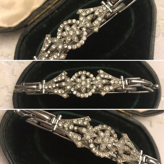 Silver Paste 1920 Vintage Wedding Flapper 1930s Art Deco Red Filigree Pave Wide Link Bridal Antique 1920s Ruby Red Rhinestone Bracelet