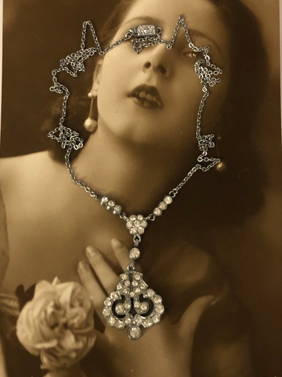 Art Deco Rhinestone Necklace, Vintage Wedding Ant… - image 1