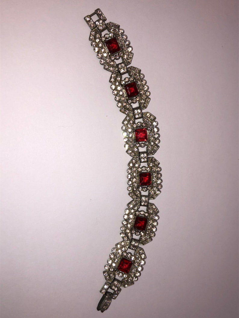 Silver Paste 1920 Vintage Wedding Flapper 1930s Art Deco Red Filigree Pave Wide Link Bridal Antique 1920s Ruby Red Rhinestone Bracelet