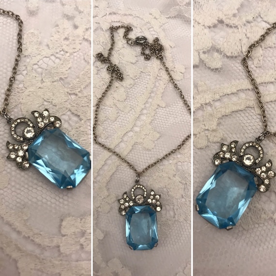 Art Deco Necklace, Outstanding Aquamarine Pendant,