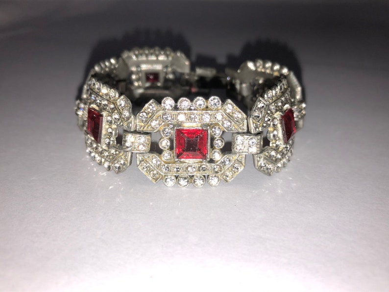 Silver Paste 1920 Vintage Wedding Flapper 1930s Art Deco Red Filigree Pave Wide Link Bridal Antique 1920s Ruby Red Rhinestone Bracelet