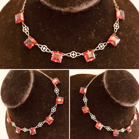 Art Deco Necklace, Square Geometric Art Deco Ruby