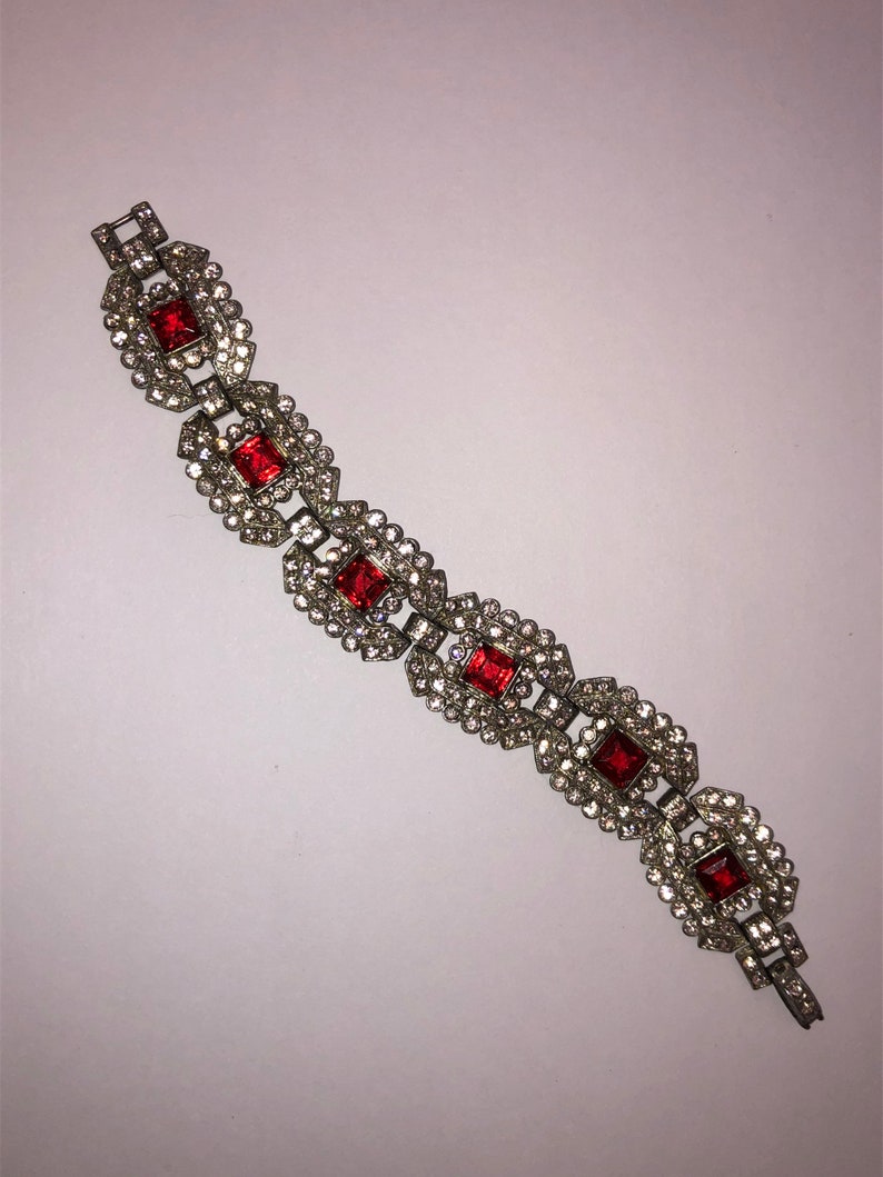 Silver Paste 1920 Vintage Wedding Flapper 1930s Art Deco Red Filigree Pave Wide Link Bridal Antique 1920s Ruby Red Rhinestone Bracelet