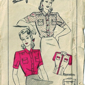 May include: A vintage sewing pattern for a women's blouse. The pattern is called "Economy Designs" and is numbered 144. The pattern is for size 32 and costs 9 1/2d. The pattern shows two different styles of blouses, one with polka dots and one with a solid colour. The pattern is from the "Make Do and Mend" series.