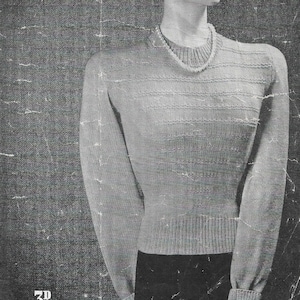 Op de afbeelding: Een vintage breipatroon voor een klassieke trui. Het patroon is van Emu, nummer 141, en vereist 4 ounce couponwol. Het patroon kost 3 pence.