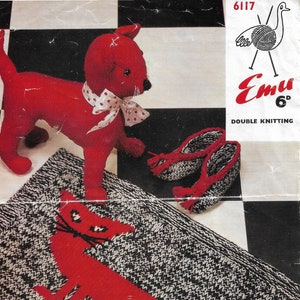 May include: A knitting pattern for a red cat rug. The pattern is from Emu 6 Double Knitting and includes instructions for a pair of slippers.