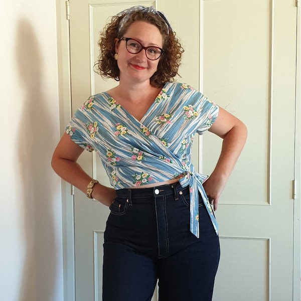 PDF vintage 1950s style wrapover blouse sewing pattern Lettice Wrap Blouse surplice top