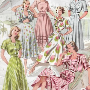 May include: Five women wearing different styles of summer dresses. The dresses are in various colors and patterns, including floral, gingham, and solid colors. The women are standing and sitting in a variety of poses.