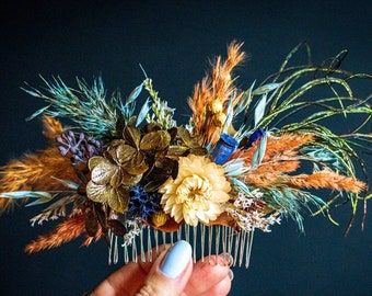 Floral Hair Comb, Burnt orange, blue, terracotta, pink  Colors Comb, Bobby pins, Groom's boutonniere, Wrist  corsage