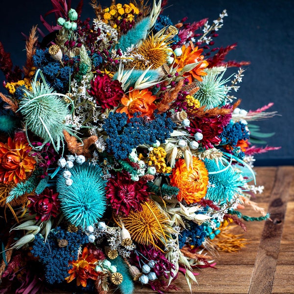 Erdfarben, Minze, Petrolblau, Salbei, Gebrannte Orange Brautstrauß aus getrockneten Blumen, Brautjungfernstrauß, Getrocknetes Gesteck Hochzeit Blumenset