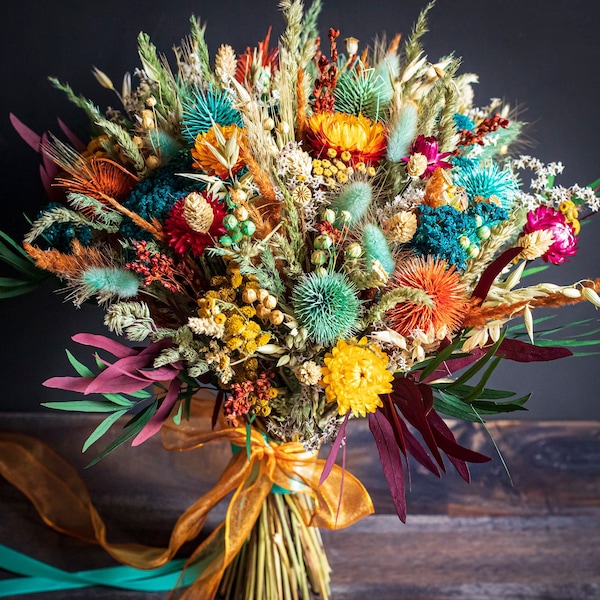 Earth colours, mint, teal blue, sage, burnt orange Bridal Dried flowers bouquet, Bridesmaids bouquet, Dried arrangement Wedding floral set