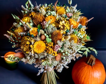 Fall bouquet. Mustard, orange, terracotta, colours Dried flower Bridal bouquet, hair comb, bobby pins, boutonnière, wedding crown, corsage