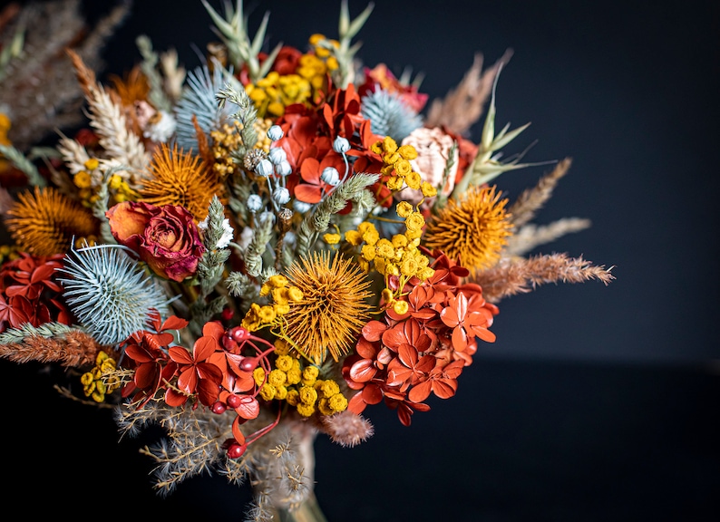 Sage green, coral, yellow, burnt orange, peach / Bridesmaids bouquet, Dried arrangement Wedding floral set image 1