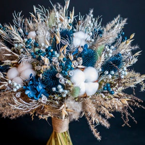 Deep navy blue, vintage  blue, sage green & Silver, white Bridal bouquet with cotton, thistles, Blue White wedding