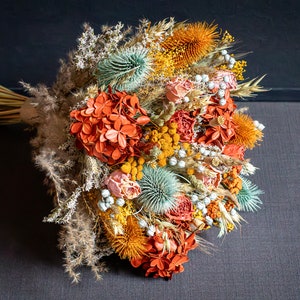 Sage green, coral, yellow, burnt orange, peach / Bridesmaids bouquet, Dried arrangement Wedding floral set Bridesmaid bouquet