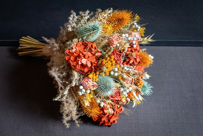 Sage green, coral, yellow, burnt orange, peach / Bridesmaids bouquet, Dried arrangement Wedding floral set Bridesmaid bouquet