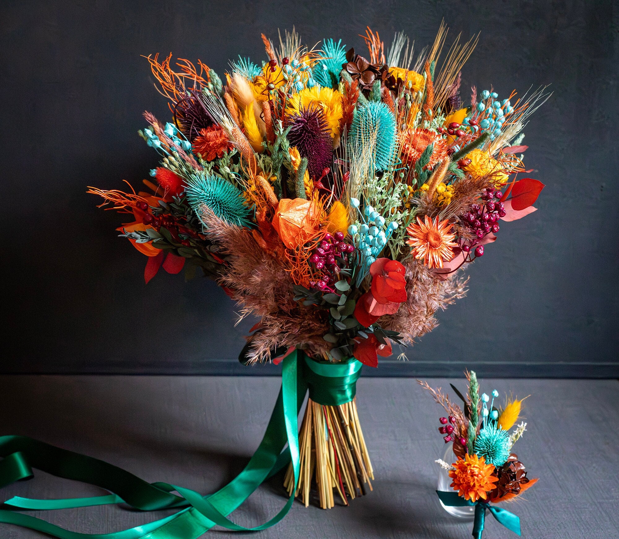 Bridal bouquet, bright Fall Wedding bouquet Dried flowers bouquet, Fall wedding, orange, burgundy, emerald, blue Colors bouquet