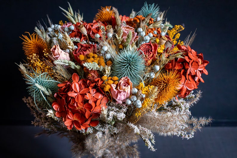 Sage green, coral, yellow, burnt orange, peach / Bridesmaids bouquet, Dried arrangement Wedding floral set image 3