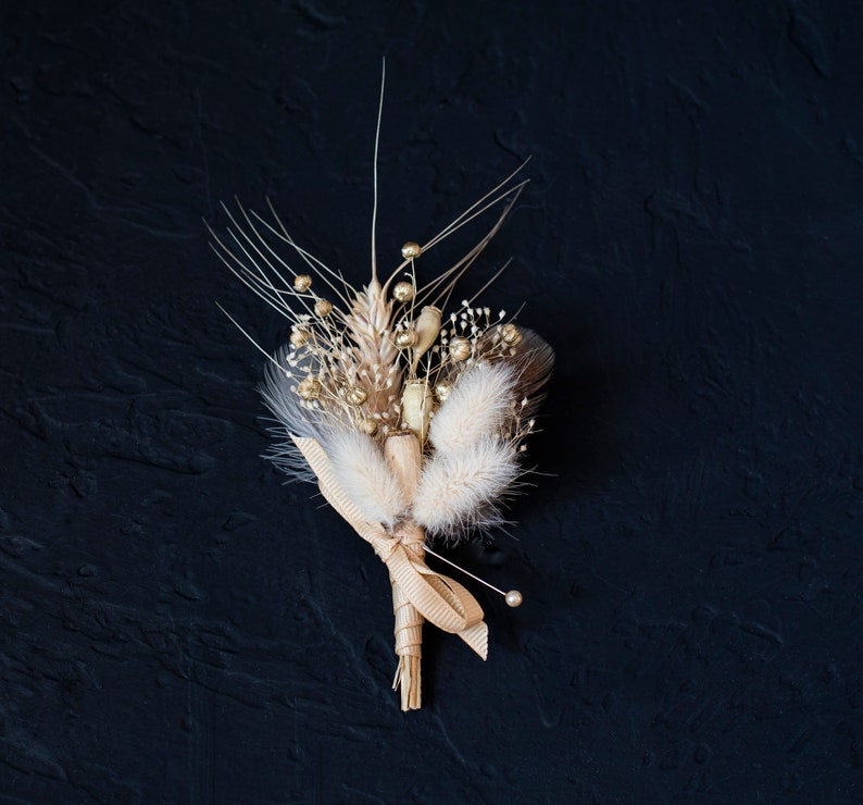 Woodland Boutonniere bunny tails pastel color boutonniere Neutral tones Groom/'s boutonniere golden flex