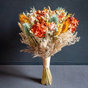 Sage green, coral, yellow, burnt orange, peach / Bridesmaids bouquet, Dried arrangement Wedding floral set image 2