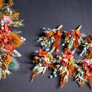 Sage green, coral, yellow, burnt orange, peach / Bridesmaids bouquet, Dried arrangement Wedding floral set image 5