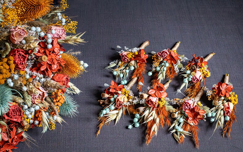 Sage green, coral, yellow, burnt orange, peach / Bridesmaids bouquet, Dried arrangement Wedding floral set image 5