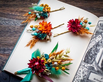 Dried flower groom's boutonniere, Bobbi pin/ Sage green, teal blue, yellow, burnt orange, burgundy  colours / wedding hair accessories