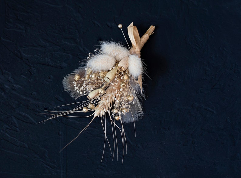 Woodland Boutonniere bunny tails pastel color boutonniere Neutral tones Groom/'s boutonniere golden flex