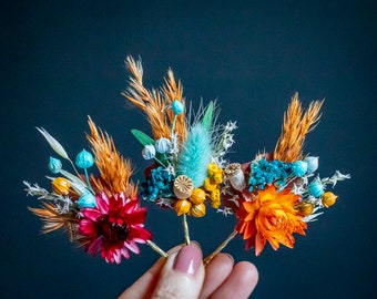 Dried flower Bobbi pin / Sage green, teal blue, yellow, burnt orange, burgundy  colours