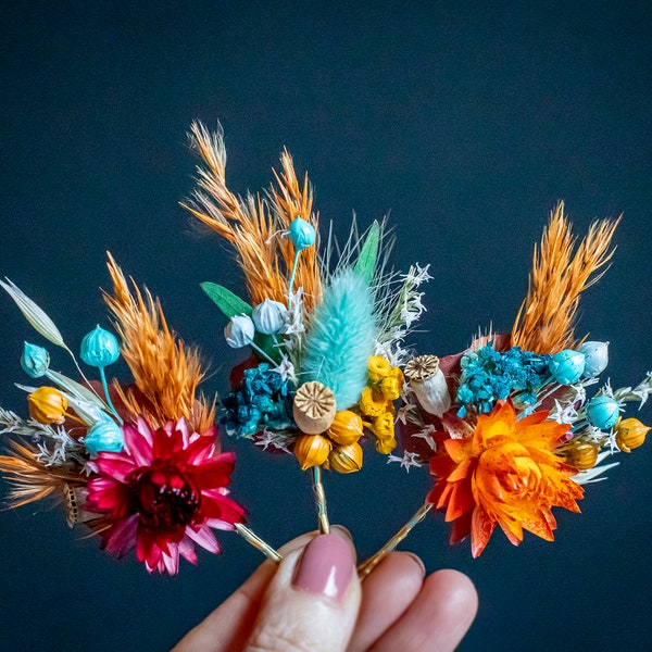 Dried flower Bobbi pin / Sage green, teal blue, yellow, burnt orange, burgundy  colours