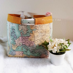 Fabric storage basket – Fabric organizer basket - Basket with handles – Cloth basket pockets – Home decoration – World map