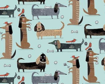 Fat Quarter - It's Raining Cats and Dogs - Long Dogs Teal Cotton Fabric
