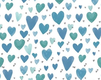 Fat Quarter - It's Raining Cats and Dogs - Playful Hearts Teal Cotton Fabric