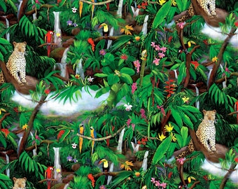 Who Let the Birds Out: Jungle Scenic Cotton Fabric 110cm wide (per metre)